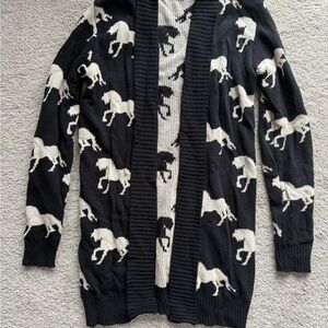 Black and White Horse Pattern Knit Open Cardigan Sweater